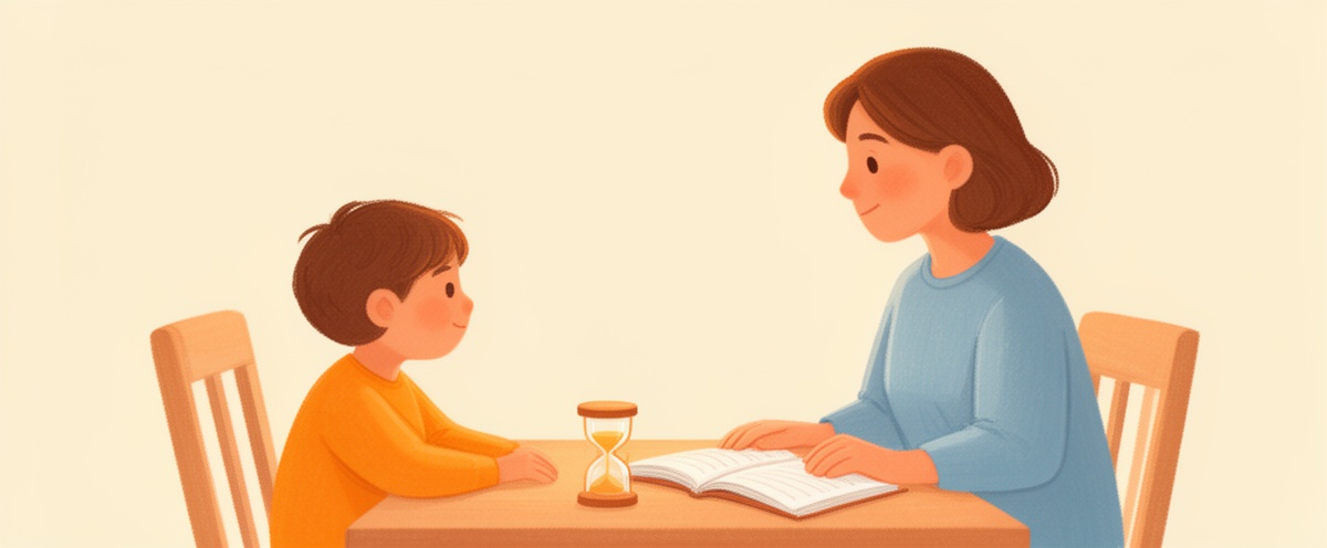 Un niño y un adulto sentados juntos en la mesa de la cocina con un cuaderno y un reloj de arena