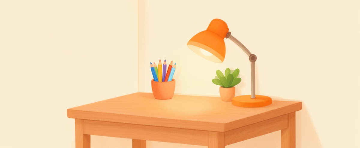 Mesa de estudio despejada con flexo y un bote de lápices de colores