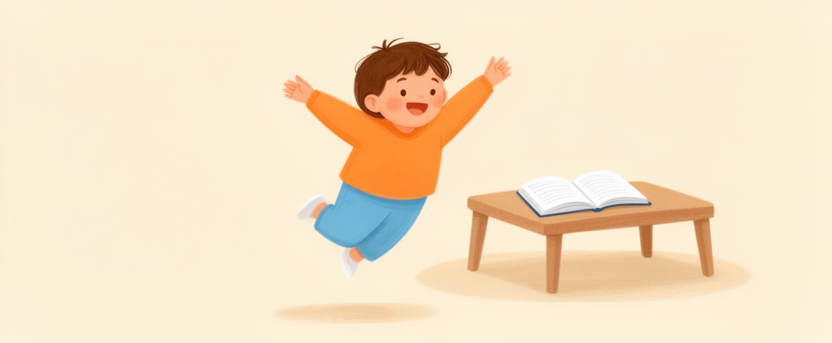 Un niño moviéndose en el salón durante un descanso, con el cuaderno esperando en la mesa