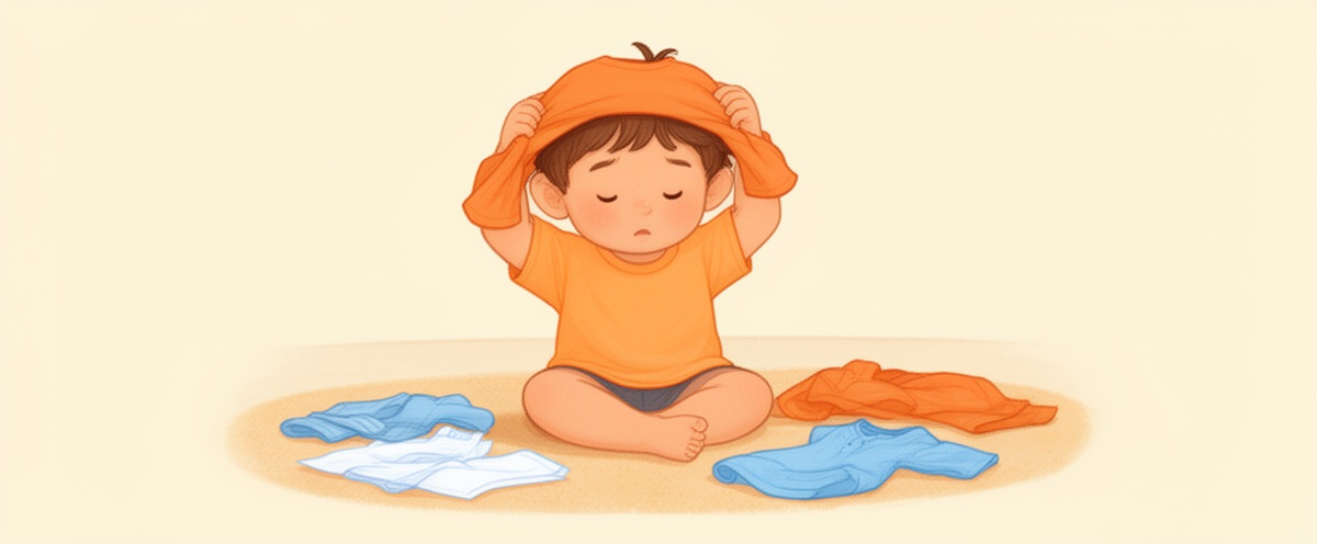 Niño concentrado intentando ponerse una camiseta dada la vuelta.