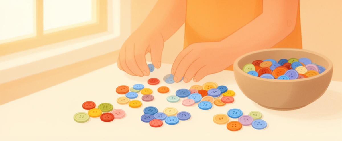 Ilustración de las manos de un niño ordenando botones de colores en montones sobre la mesa de la cocina