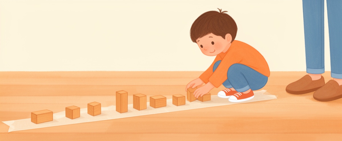 Ilustración de un niño colocando bloques de madera en fila sobre una tira de cinta en el suelo