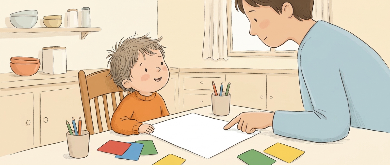 Un niño y su padre en la cocina, mirando juntos tarjetas con imágenes grandes y coloridas