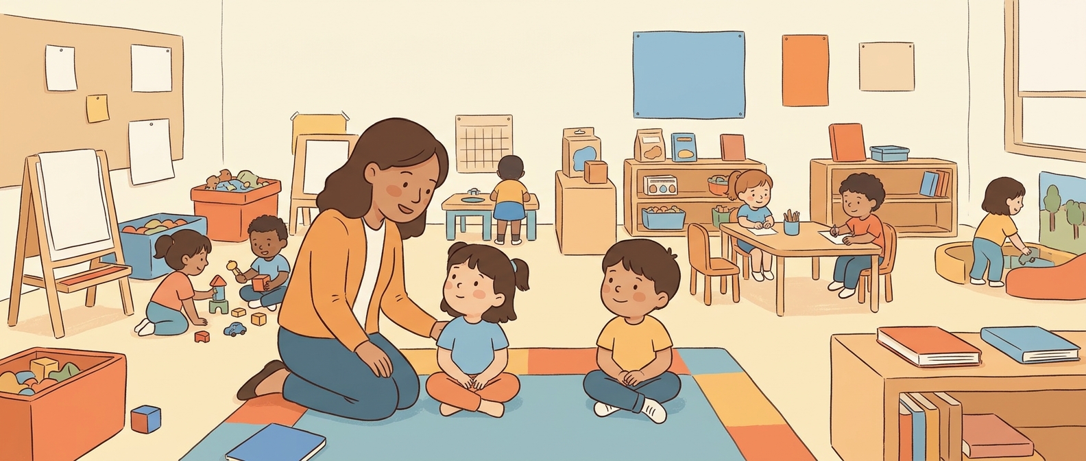 Una maestra habla con un niño pequeño en una clase de infantil, a su altura y con calma