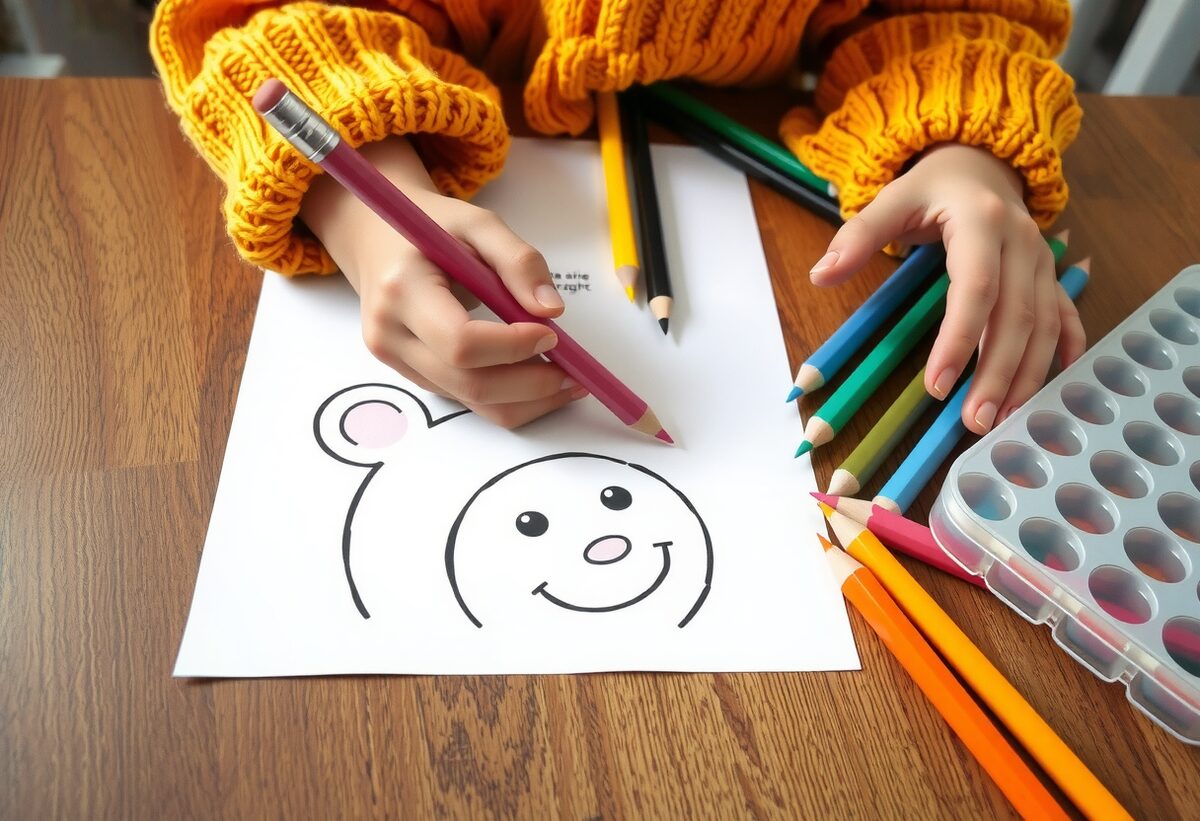 A child's hands colouring a printed workbook page