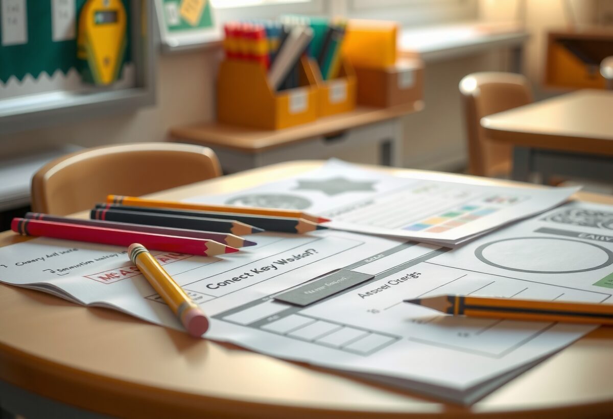 Printed workbook material with coloured pencils, ready to use at home or in class