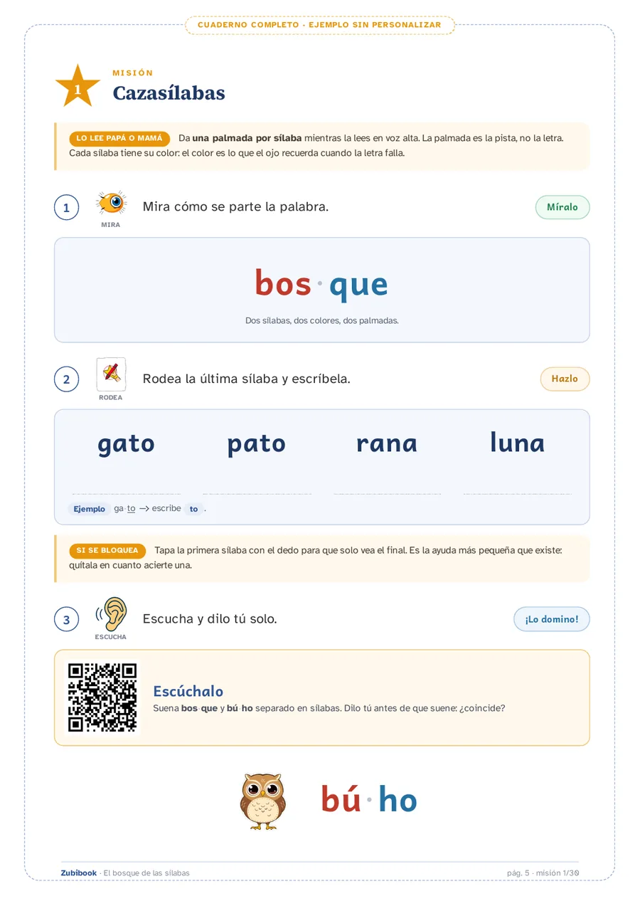 Página real del cuaderno de dislexia: la misión Cazasílabas, con la palabra bosque separada en bos-que y una sílaba de cada color