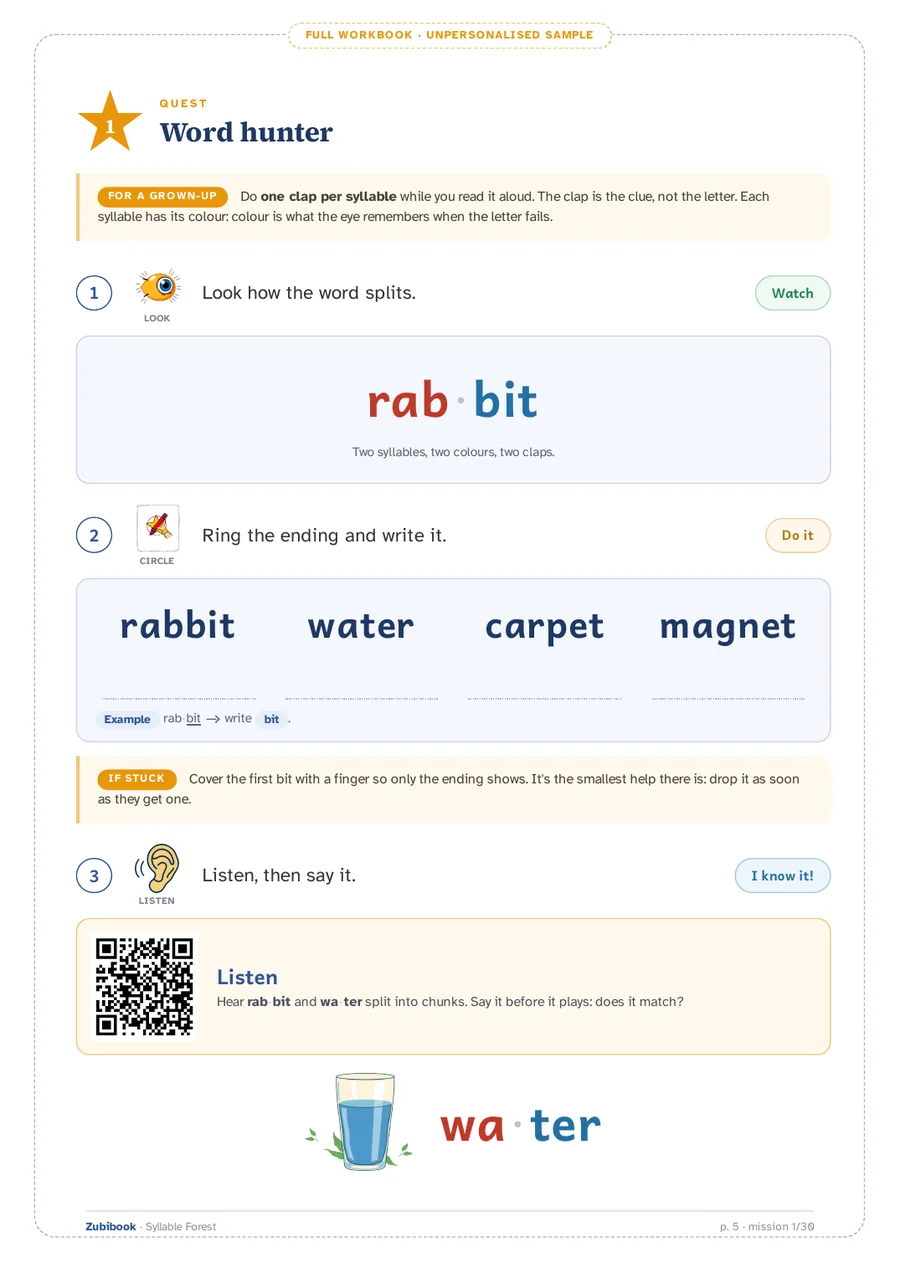 A real page from the dyslexia workbook: the Syllable Hunter mission, with the word forest split into for-est and each syllable in its own color