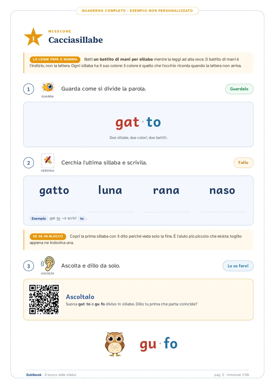 Una pagina vera del quaderno di dislessia: la missione Cacciasillabe, con la parola bosco divisa in bo-sco e ogni sillaba di un colore