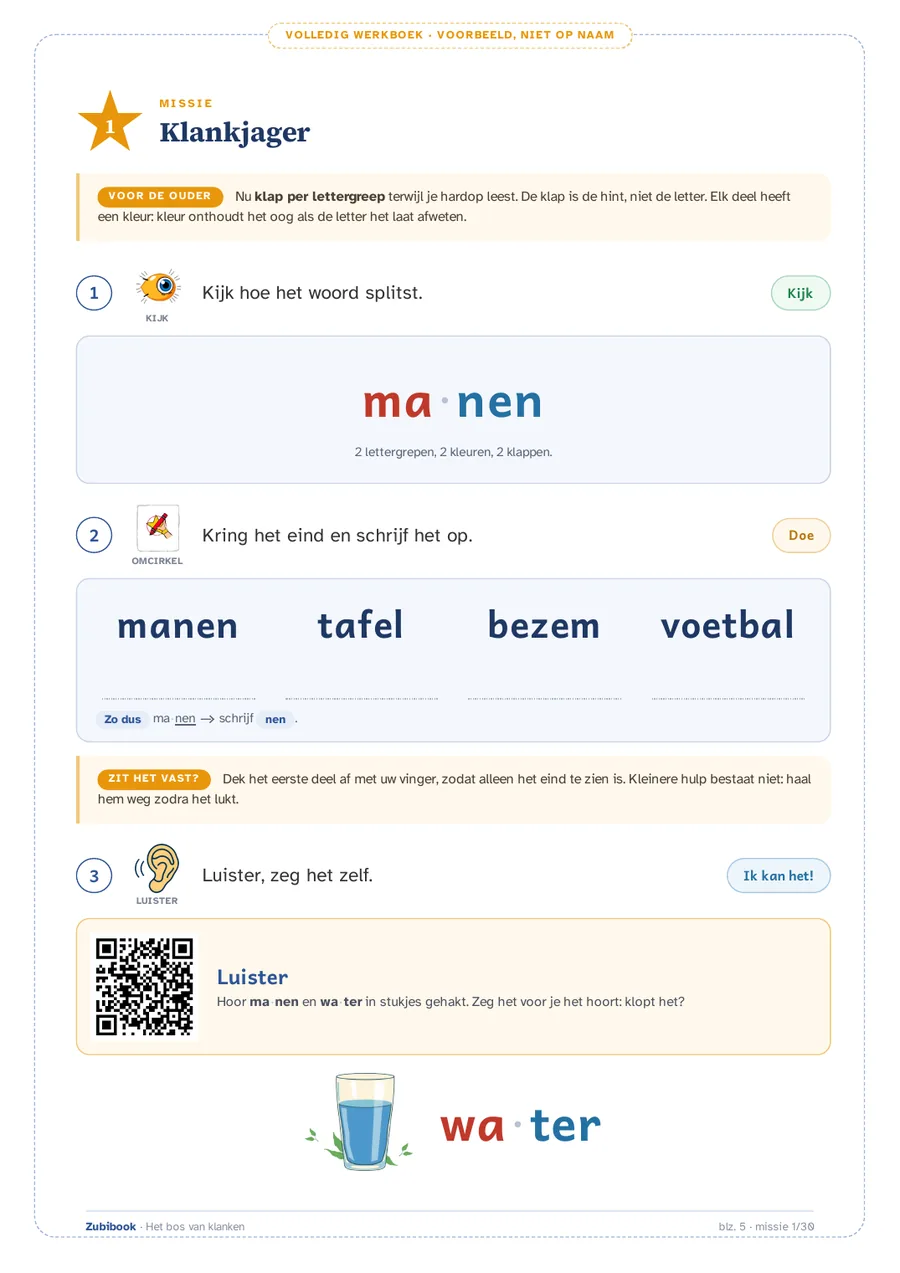 Een echte bladzijde uit het dyslexiewerkboek: de missie Lettergreepjager, met het woord bos in lettergrepen gesplitst en elke lettergreep in een eigen kleur