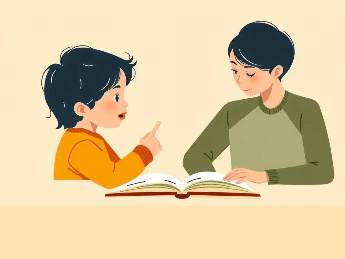 Una madre y su hija señalando palabras en una hoja impresa