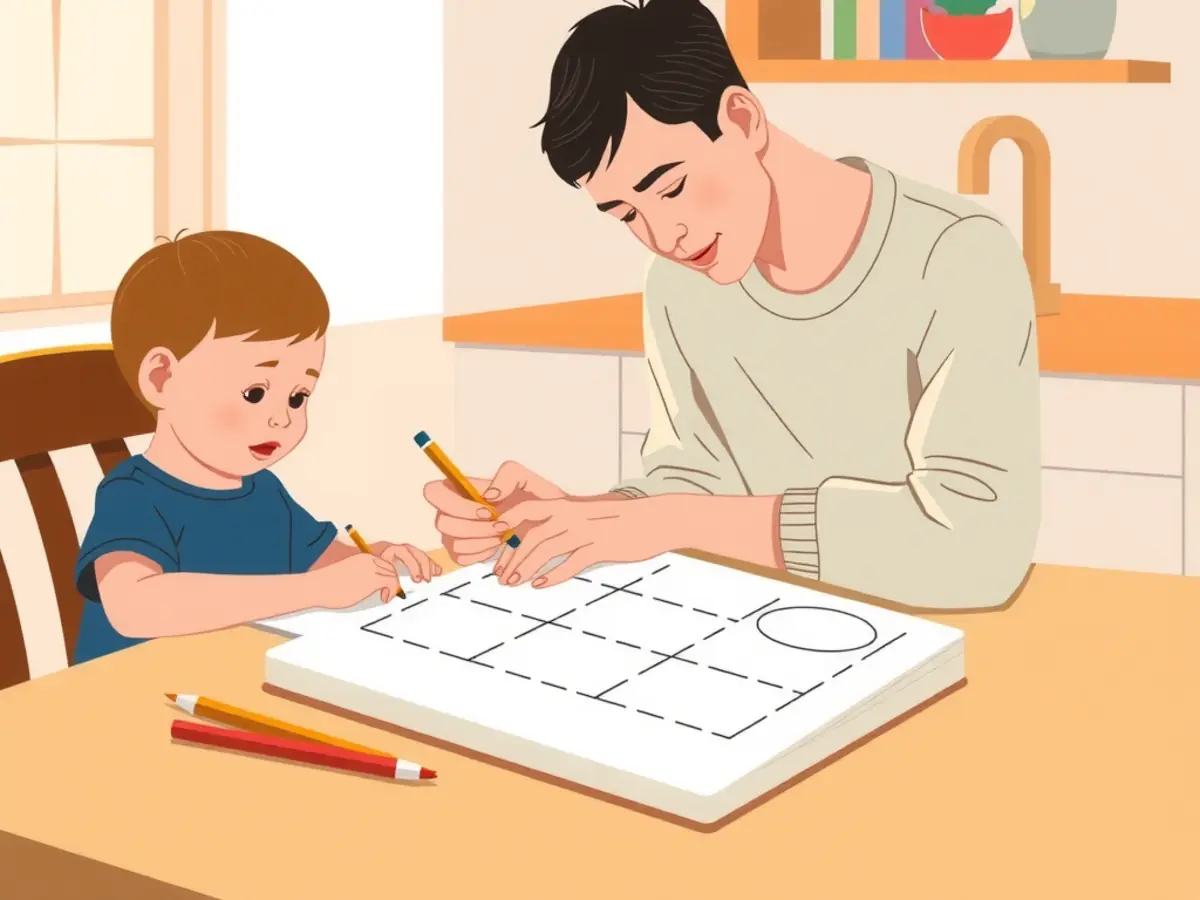 Un niño practicando con su cuaderno en la mesa de la cocina de casa