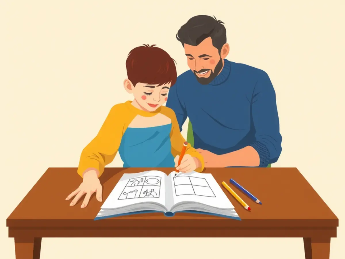 Un padre acompañando a su hijo mientras hace una ficha del cuaderno en casa