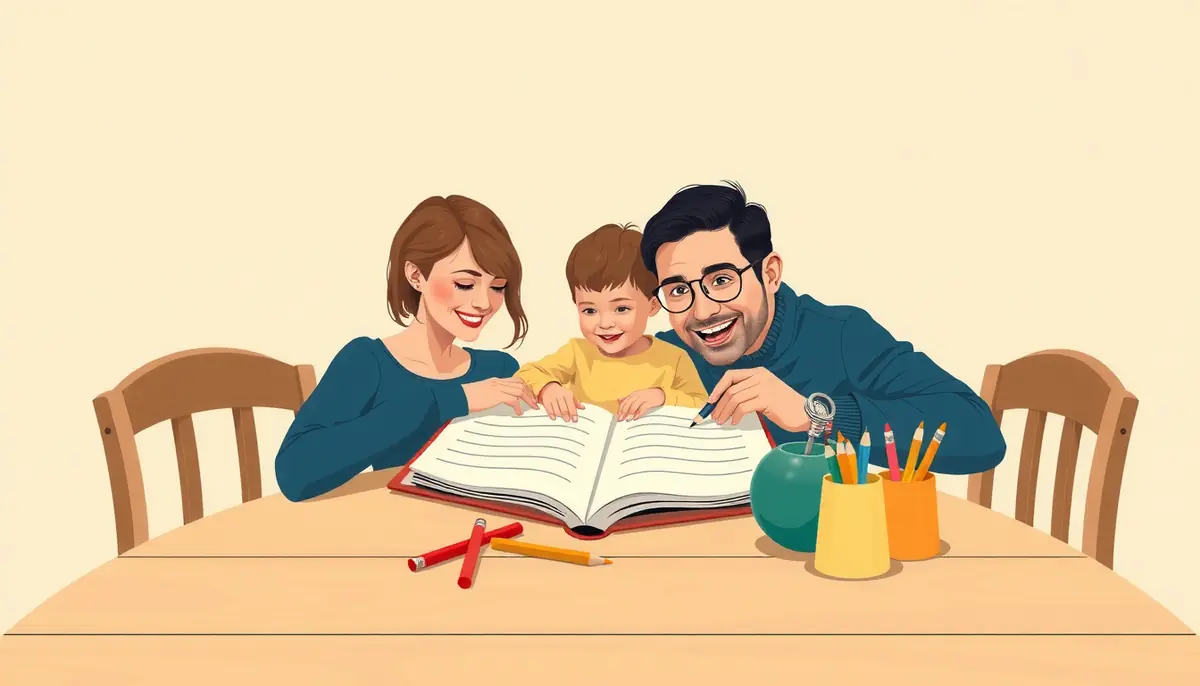 Una familia trabajando junta con el cuaderno impreso en la mesa de casa