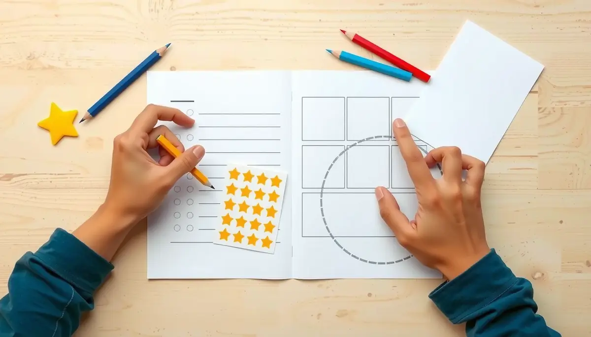 Manos de un niño coloreando una ficha impresa del cuaderno, con la hoja de pegatinas al lado